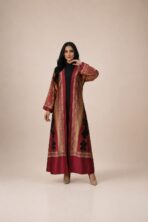 Open-front abaya featuring rich burgundy and beige tones, detailed with ornate borders and bold black floral accents
