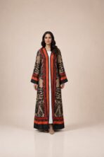 Warm beige abaya adorned with intricate black botanical motifs and vibrant orange border accents