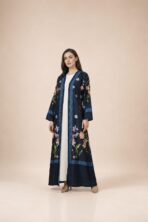 Navy blue abaya adorned with delicate multicolored floral motifs and refined blue border detailing