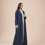 Deep navy abaya featuring a subtle tone-on-tone floral pattern, creating a refined and graceful finish - DENIM L GRY