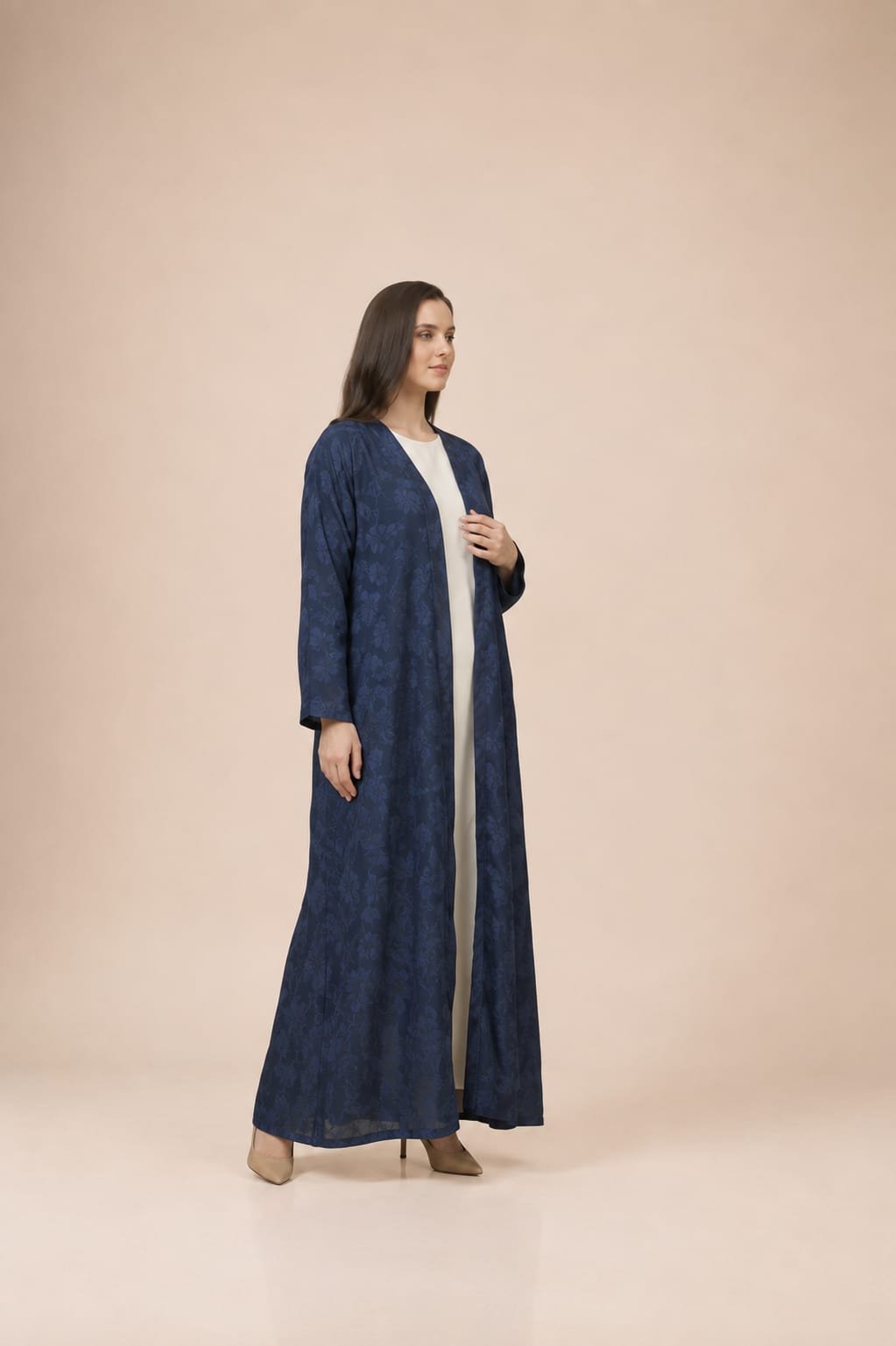 2026/08/1000054582.jpg Deep navy abaya featuring a subtle tone-on-tone floral pattern, creating a refined and graceful finish - DENIM L GRY - Image 1