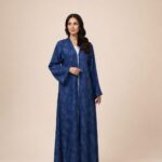 Deep blue abaya featuring a subtle all-over floral pattern for a refined and graceful look - DENIM L BLUE