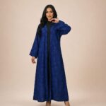 Royal blue abaya with a subtle tone-on-tone floral pattern, offering a clean and elegant look - DENIM D BLUE