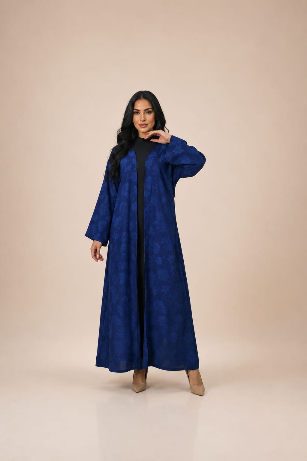 2026/08/1000054584.jpg Royal blue abaya with a subtle tone-on-tone floral pattern, offering a clean and elegant look - DENIM D BLUE - Image 1