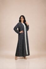 Charcoal gray abaya featuring a subtle tone-on-tone floral pattern for a sophisticated and timeless look - DENIM D GRY