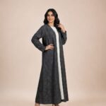 Charcoal gray abaya featuring a subtle tone-on-tone floral pattern for a sophisticated and timeless look - DENIM D GRY