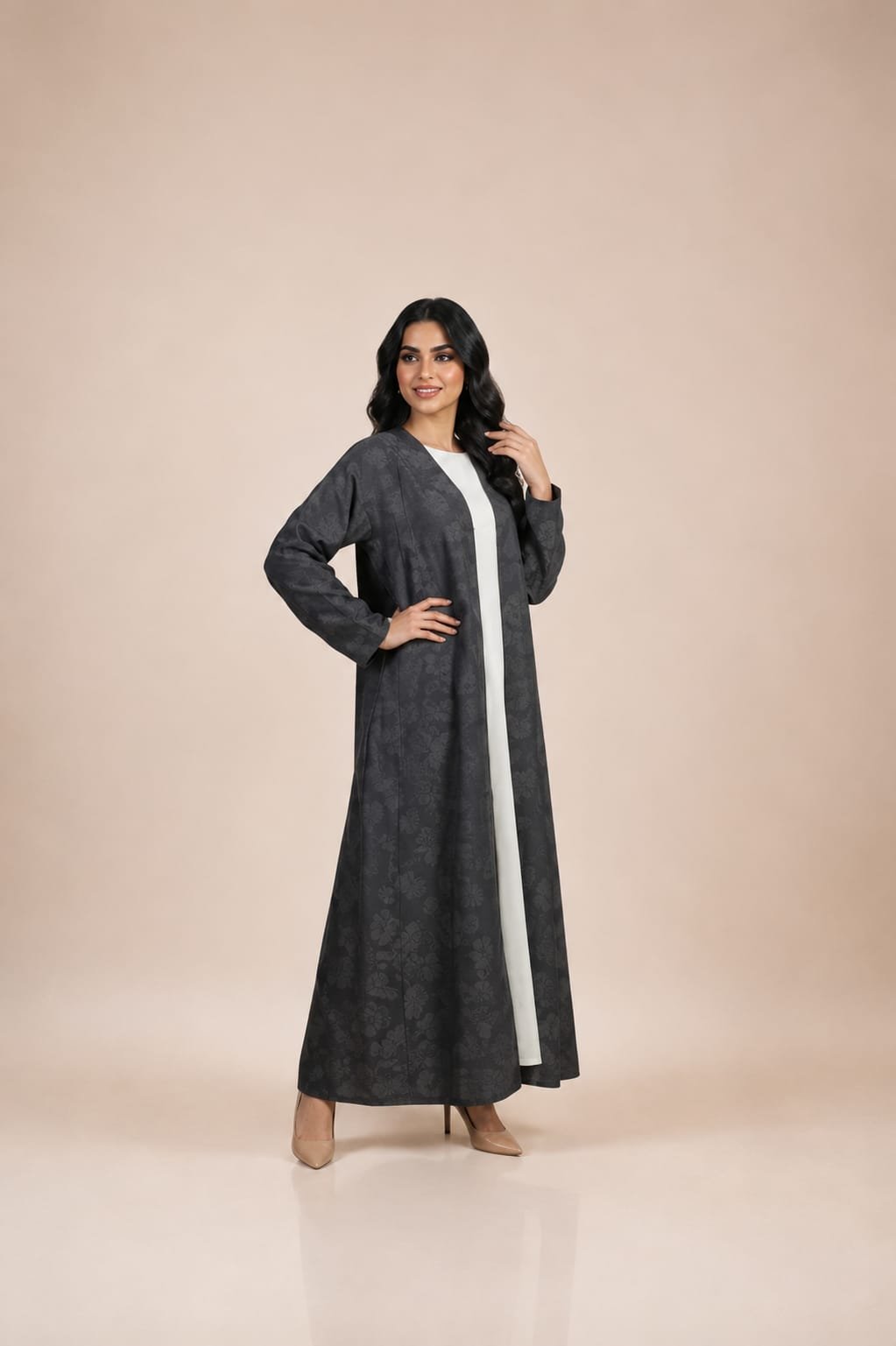 2026/08/1000054585.jpg Charcoal gray abaya featuring a subtle tone-on-tone floral pattern for a sophisticated and timeless look - DENIM D GRY - Image 1