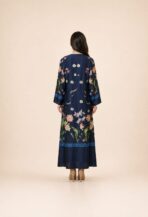 Navy blue abaya adorned with delicate multicolored floral motifs and refined blue border detailing - Image 2