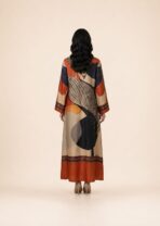Open-front abaya featuring artistic abstract motifs and intricate geometric borders in warm rust, beige, and deep navy tones - Image 2