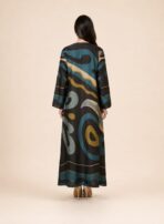 Open-front abaya featuring bold geometric and abstract motifs in teal, beige, mustard, and deep brown tones - Image 2