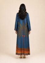 Rich blue open abaya featuring geometric borders in warm rust tones, complemented by a striking palm-inspired motif on the back - Image 2