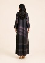 Open-front abaya featuring refined plaid detailing in deep navy and beige tones, finished with elegant contrasting borders - Image 2