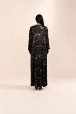 Black abaya featuring elegant chain and equestrian-inspired motifs in rich brown and gold tones, adding a luxurious and distinctive touch - Image 2