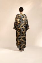 Black abaya featuring luxurious gold baroque-inspired motifs with intricate symmetrical detailing for an elegant statement look - Image 2