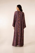 Deep plum abaya featuring elegant vertical patterns in warm orange and pink tones for a refined modern look - Image 3