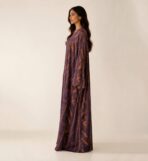 Deep plum abaya featuring elegant vertical patterns in warm orange and pink tones for a refined modern look - Image 2
