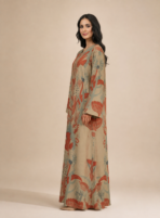 Beige abaya featuring artistic botanical motifs in warm terracotta and soft blue tones, arranged in a beautiful symmetrical pattern - Image 3