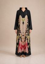 Statement abaya featuring a bold symmetrical floral-inspired print in soft beige, blush pink, red, and olive tones. - Image 3