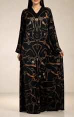 Black abaya featuring elegant chain and equestrian-inspired motifs in rich brown and gold tones, adding a luxurious and distinctive touch - Image 3