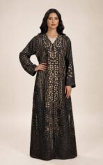 Black abaya featuring an abstract dotted pattern in warm beige tones, arranged in elegant vertical detailing. - Image 3