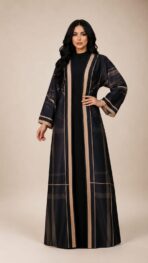 Open-front abaya featuring refined plaid detailing in deep navy and beige tones, finished with elegant contrasting borders - Image 3