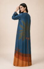 Rich blue open abaya featuring geometric borders in warm rust tones, complemented by a striking palm-inspired motif on the back - Image 3