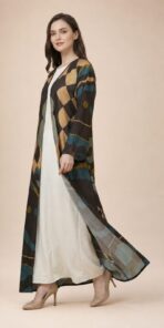 Open-front abaya featuring bold geometric and abstract motifs in teal, beige, mustard, and deep brown tones - Image 3