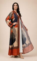 Open-front abaya featuring artistic abstract motifs and intricate geometric borders in warm rust, beige, and deep navy tones - Image 3