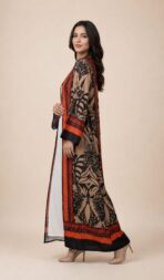 Warm beige abaya adorned with intricate black botanical motifs and vibrant orange border accents - Image 3