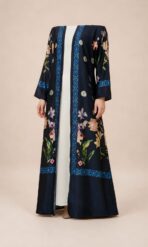 Navy blue abaya adorned with delicate multicolored floral motifs and refined blue border detailing - Image 3