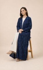 Deep navy abaya featuring a subtle tone-on-tone floral pattern, creating a refined and graceful finish - DENIM L GRY - Image 3
