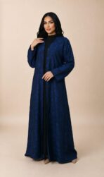 Royal blue abaya with a subtle tone-on-tone floral pattern, offering a clean and elegant look - DENIM D BLUE - Image 3