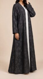 Charcoal gray abaya featuring a subtle tone-on-tone floral pattern for a sophisticated and timeless look - DENIM D GRY - Image 3