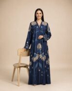 Navy blue abaya featuring elegant beige and blue floral motifs for a graceful, sophisticated look - Image 3