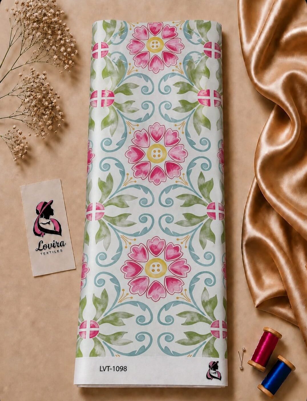 2026/08/1000057032.jpg Decorative floral pattern featuring pink blossoms, soft green leaves, and elegant turquoise swirls on a clean ivory background - Silk Jacquard (JD02) - الصورة 1