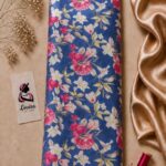 Elegant floral design featuring vibrant pink and soft ivory flowers with delicate golden-green leaves on a rich royal blue background - Silk Jacquard (JD02)