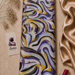 Dynamic abstract wave design in purple, mustard yellow, black, grey, and soft blue tones on a light neutral background - Silk Jacquard (JD02)