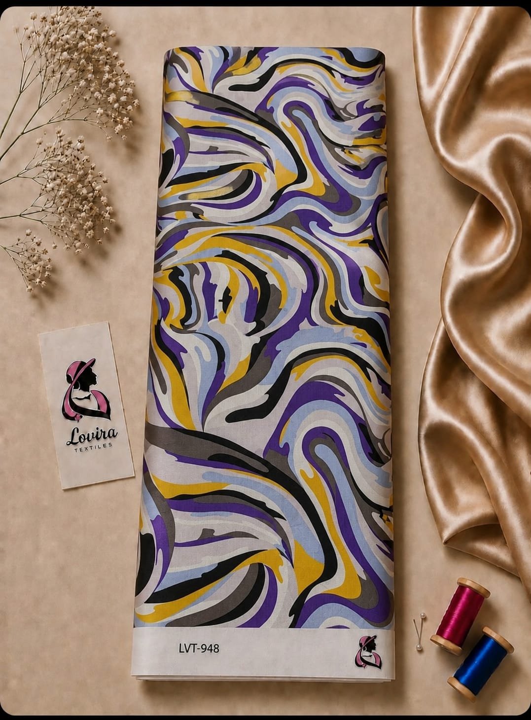 2026/08/1000057035.jpg Dynamic abstract wave design in purple, mustard yellow, black, grey, and soft blue tones on a light neutral background - Silk Jacquard (JD02) - Image 1