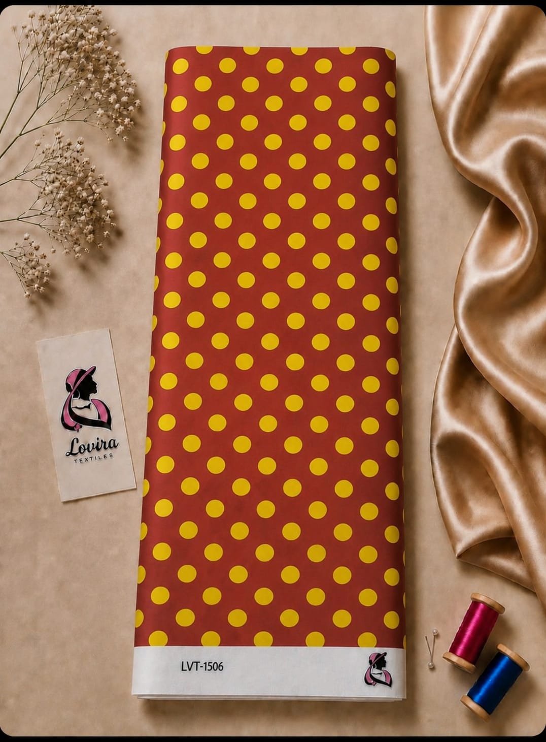 2026/08/1000057037.jpg Retro-inspired yellow polka dot pattern on a warm rust-red background - Silk Jacquard (JD02) - Image 1