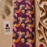 Japanese-inspired fan pattern in red, white, and golden yellow on a rich deep purple background - Silk Jacquard (JD02)