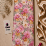 Romantic floral design featuring lush pink, blush, and golden-peach flowers with soft green leaves on a delicate cream background - Silk Jacquard (JD02)