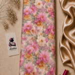 Romantic floral design featuring lush pink, blush, and golden-peach flowers with soft green leaves on a delicate cream background - Silk Jacquard (JD02)