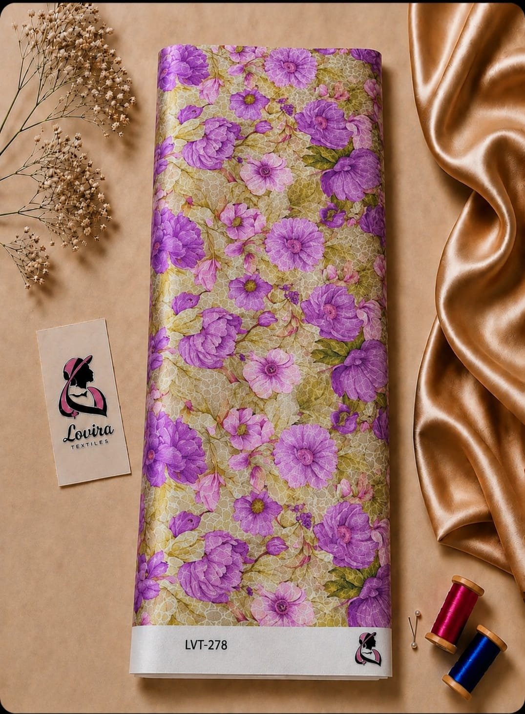 2026/08/1000057297.jpg Delicate pink and purple florals blend beautifully with soft golden-green botanical details - Silk Jacquard (JD07) - الصورة 1