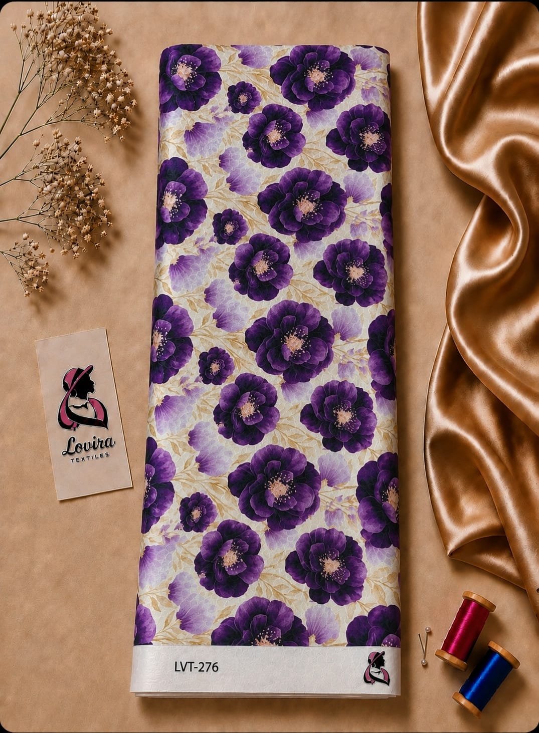 2026/08/1000057298.jpg Elegant purple blooms create a luxurious floral pattern, enhanced with delicate golden botanical accents on silk jacquard - Silk Jacquard (JD07) - الصورة 1