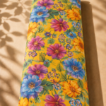 Vibrant floral design featuring large blue, purple, and orange blossoms with lush green leaves on a bright golden-yellow background - SWISS COTTON (PC01)