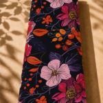 Bold floral design featuring large pink and fuchsia flowers with vibrant orange accents on a deep black background, creating a rich and eye-catching contrast - SWISS COTTON (PC01)