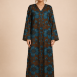 Elegant brown abaya adorned with bold deep teal-blue floral motifs and delicate leafy details