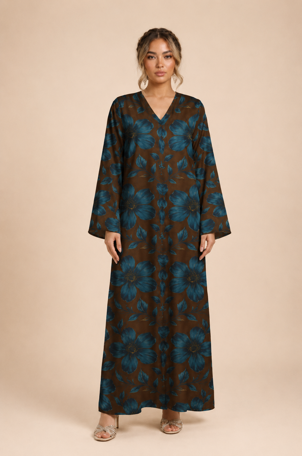 2026/08/1000058259.png Elegant brown abaya adorned with bold deep teal-blue floral motifs and delicate leafy details - Image 1