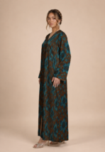 Elegant brown abaya adorned with bold deep teal-blue floral motifs and delicate leafy details - Image 3