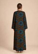 Elegant brown abaya adorned with bold deep teal-blue floral motifs and delicate leafy details - Image 2